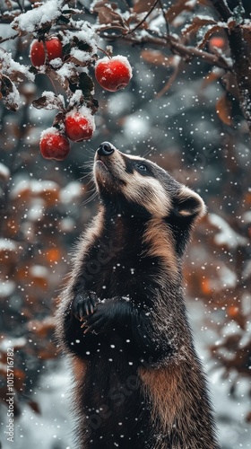 Curious badger standing up reaching for apples in winter photo