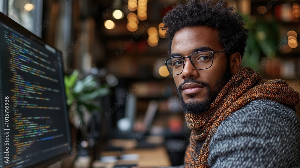 A male programmer is intensely focused, working on his computer in a tech-driven environment. A male programmer is intensely focused, working on his computer in a tech-driven environment.
