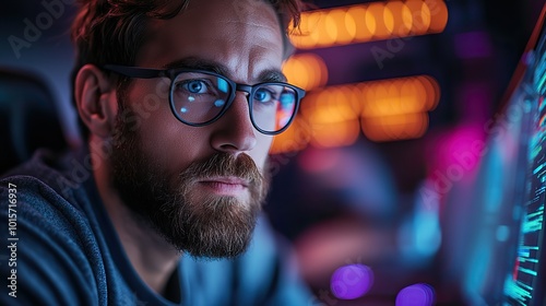 A male programmer is intensely focused, working on his computer in a tech-driven environment.