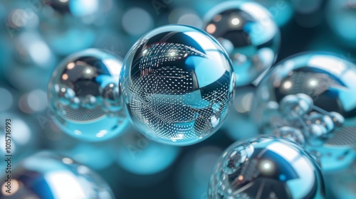 Fototapeta Naklejka Na Ścianę i Meble -  A futuristic macro shot of several reflective glass spheres with intricate patterns on their surfaces. The spheres float in an abstract space, creating a mesmerizing, modern aesthetic in shades of