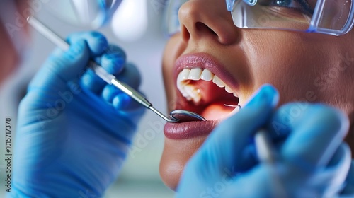 Dentist conducting an oral cancer screening using special equipment