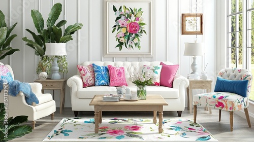 Charming spring-themed living room with vibrant floral decor, fresh greenery, and bright, airy colors that capture the essence of the season 
