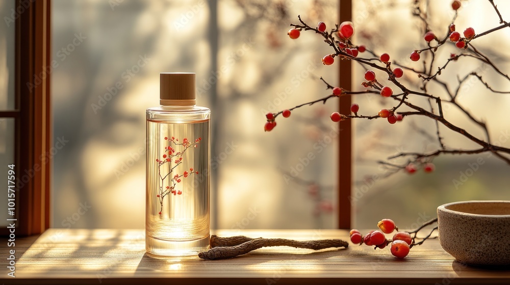 A serene scene featuring a glass bottle and blossoming branches. A serene scene featuring a glass bottle and blossoming branches.