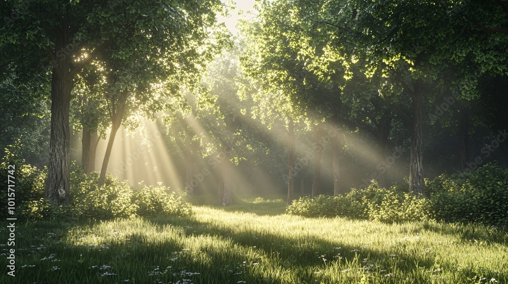 Obraz premium Sunbeams illuminate a misty forest clearing with green grass and trees.