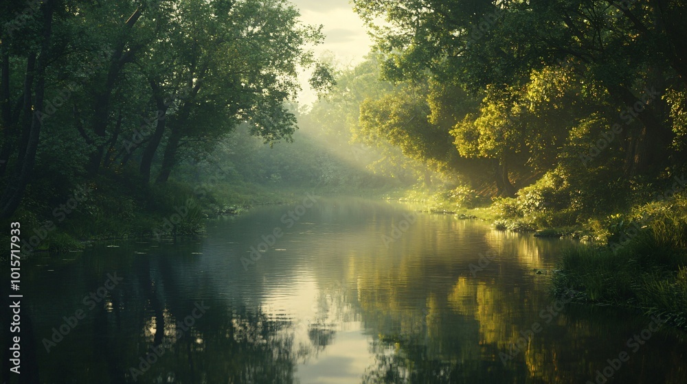 Sunbeams illuminate a misty, tranquil forest river with lush greenery on both sides. Sunbeams illuminate a misty, tranquil forest river with lush greenery on both sides.