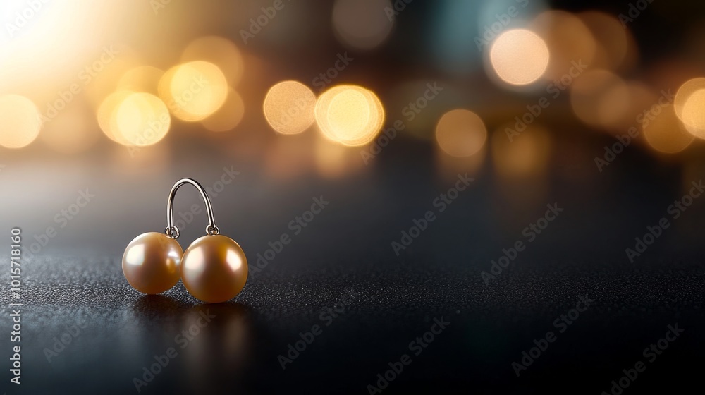 Fototapeta premium A pair of stunning gold pearl drop earrings showcases luxury and elegance on a sleek black ceramic surface, illuminated by soft light for an exquisite look
