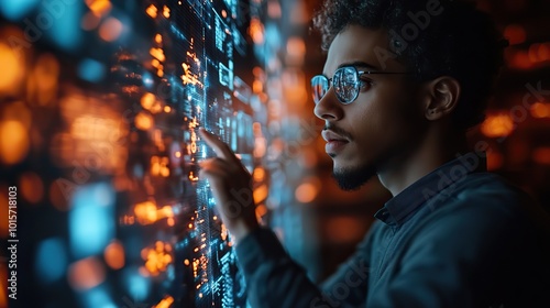 A man touches a screen to explore blockchain technology concepts in a modern digital setting.
