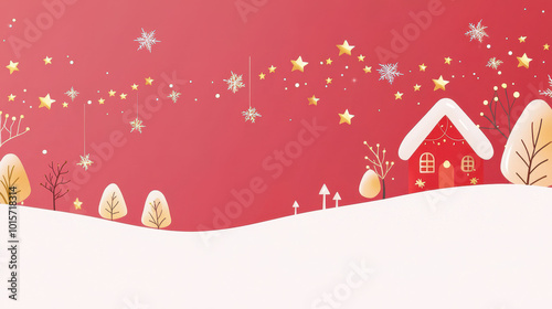 Colorful winter landscape illustration featuring a red house, snow-covered hills, and decorative stars and snowflakes against a vibrant background