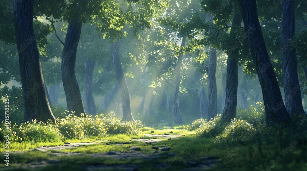 Sunbeams illuminate a mossy path winding through a dense forest.
