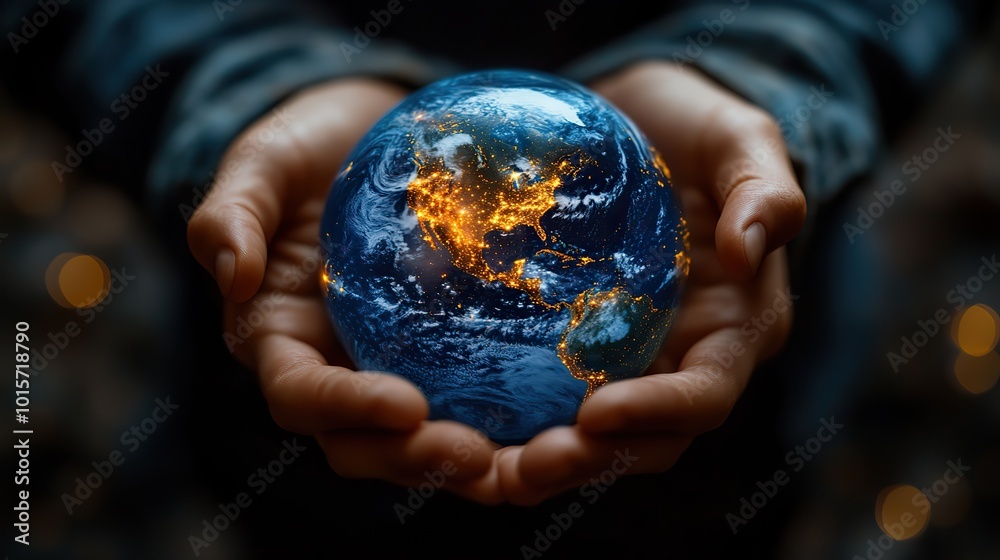 Fototapeta premium A man’s hands cradle a blue Earth with global networking connections, symbolizing worldwide data exchanges and communication.