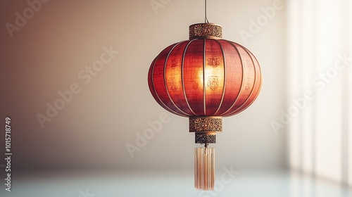 A decorative red lantern illuminating a serene indoor space.