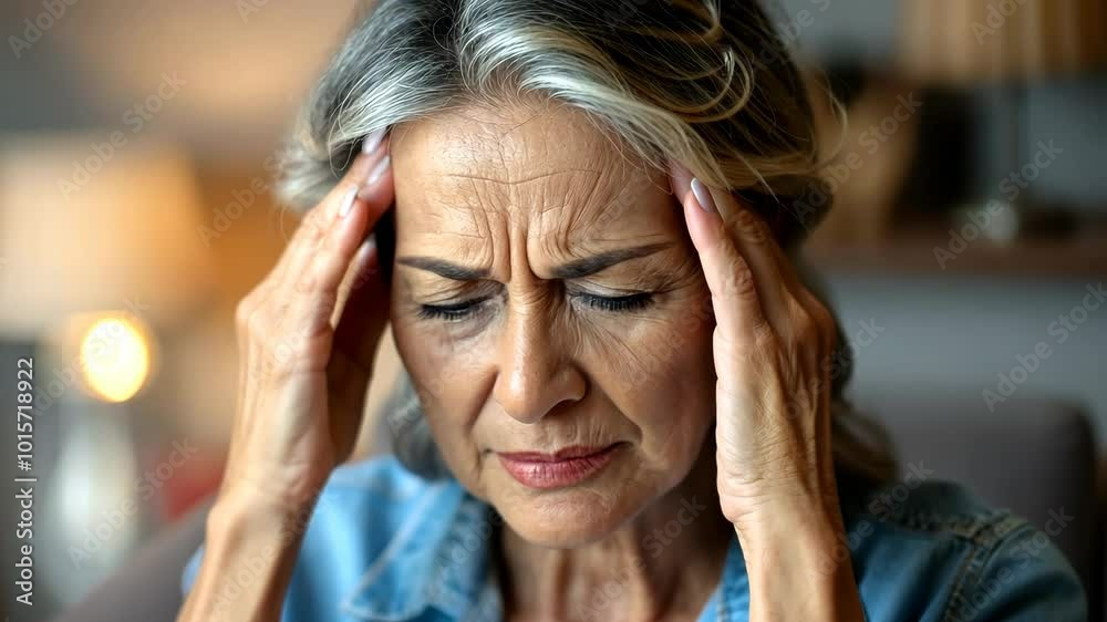 A woman is seen dealing with tension headaches in her cozy living room, using relaxation techniques to find relief A woman is seen dealing with tension headaches in her cozy living room, using relaxation techniques to find relief
