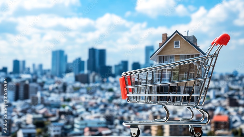 House in Shopping Cart in Front of Cityscape House in Shopping Cart in Front of Cityscape