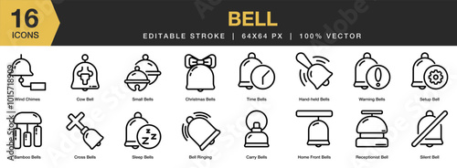 Bell icon set. Editable Stroke Icon Collection. Includes wind chimes, time, small, receptionist, cow bell, and More. Outline icons vector collection.