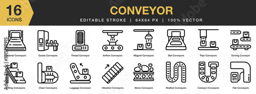 Conveyor icon set. Editable Stroke Icon Collection. Includes lifting, magnet, pipe, slat, sorting, stone, vibration, and More. Outline icons vector collection.
