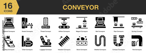 Conveyor solid icon set. Includes chain, concave, flat, goods, and More. Solid icons vector collection.