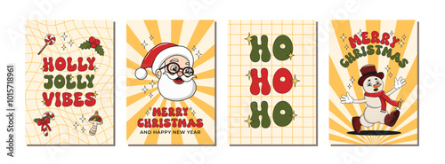 Merry Christmas greeting card collection with santa claus, snowman retro groovy characters, holly branch, tree toys, candy. New Year poster set. Holly Jolly. Vector illustration, editable stroke.