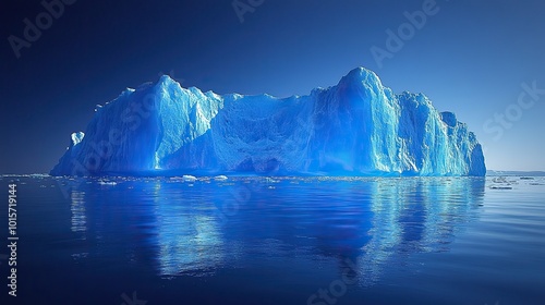 A massive blue iceberg floats in the cold waters of the Arctic, its icy surface reflecting the harsh and beautiful environment.