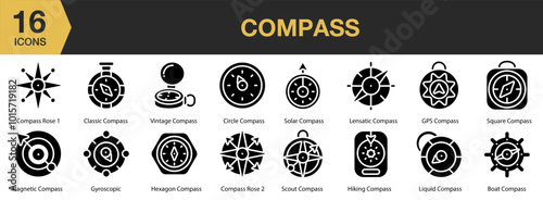 Compass solid icon set. Includes boat, circle, classic, compass rose, and More. Solid icons vector collection.