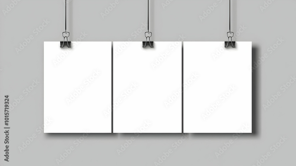 Three Blank White Posters Hanging with Clips on Grey Background, Ready for Design Mockup Three Blank White Posters Hanging with Clips on Grey Background, Ready for Design Mockup