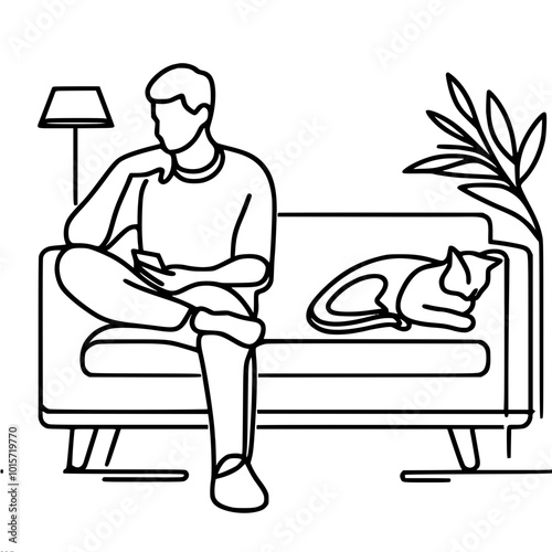 Line drawing of a man sitting on a sofa next to a sleeping cat