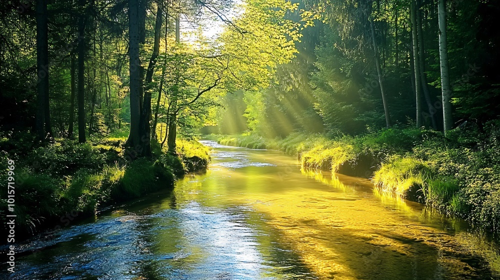 Sunbeams shining through the trees onto a calm forest river. Sunbeams shining through the trees onto a calm forest river.