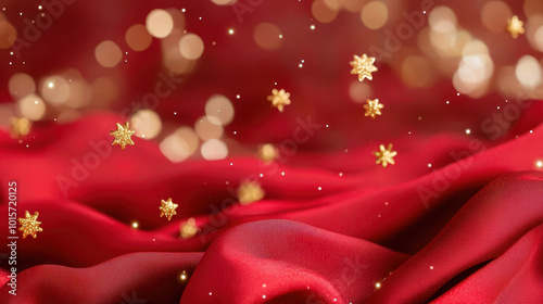 Luxurious red fabric background with golden decorative stars and soft bokeh lights creating a festive and elegant atmosphere