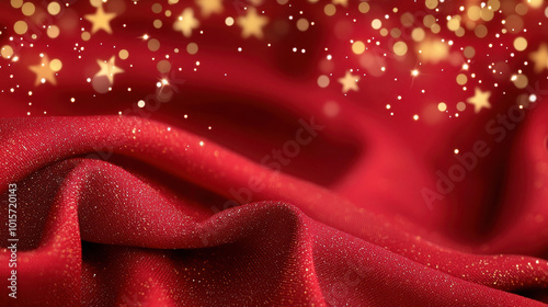 Shimmering red fabric draped with golden bokeh lights and star shapes creating a festive and elegant atmosphere
