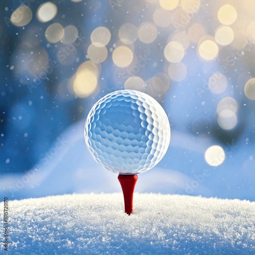 Winter golf ball background, golf ball on tee with bokeh snow backdrop