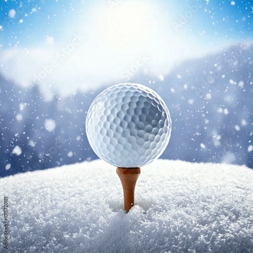 Snowy winter golf background, golf ball on tee in blizzard