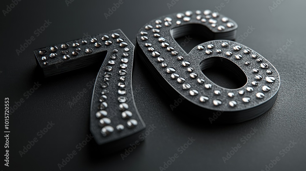 A close-up of metallic numbers 76 adorned with decorative studs. A close-up of metallic numbers 76 adorned with decorative studs.
