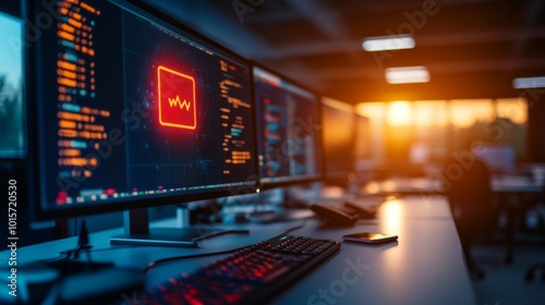 A high-resolution monitor shows a red firewall alert in a bright office environment. A glowing keyboard and smartphone rest on the desk, highlighting cybersecurity concerns