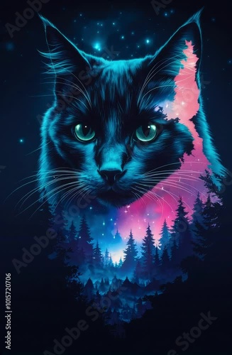 Cosmic Cat Silhouette In Starry Forest