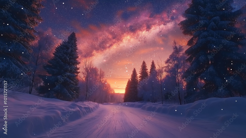 Serene winter road leading to a colorful sunrise, flanked by snow-covered trees Serene winter road leading to a colorful sunrise, flanked by snow-covered trees