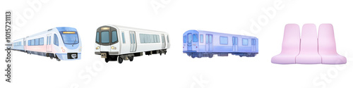A series of stylized train images in different colors alongside pink stacking cups on a black background.