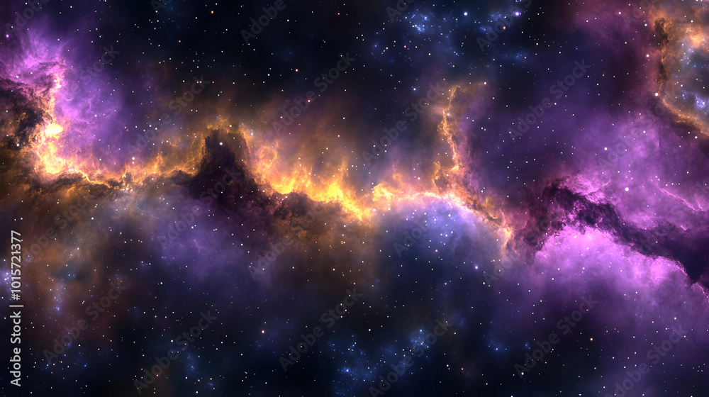 A Cosmic Nebula with Swirling Purple and Orange Glowing Gas Clouds, Scattered with Tiny Sparkling Stars in a Dark, Expansive Space A Cosmic Nebula with Swirling Purple and Orange Glowing Gas Clouds, Scattered with Tiny Sparkling Stars in a Dark, Expansive Space