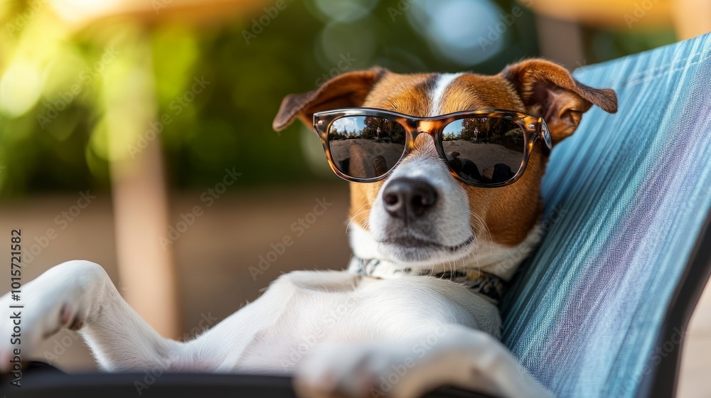Closeup of a dog in sunglasses, lounging on a chair outdoors on a sunny terrace, ample copy space for holiday themes Closeup of a dog in sunglasses, lounging on a chair outdoors on a sunny terrace, ample copy space for holiday themes