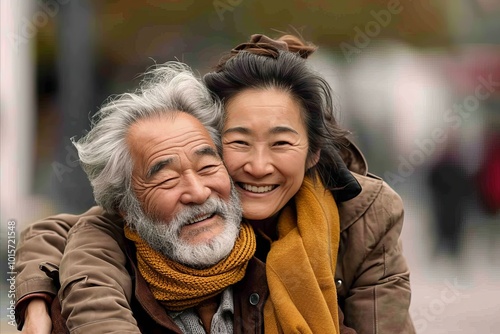 Portrait of a happy senior couple in the street at winter time