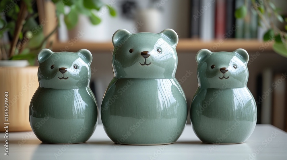 Three ceramic bear-shaped containers in soft green tones. Three ceramic bear-shaped containers in soft green tones.