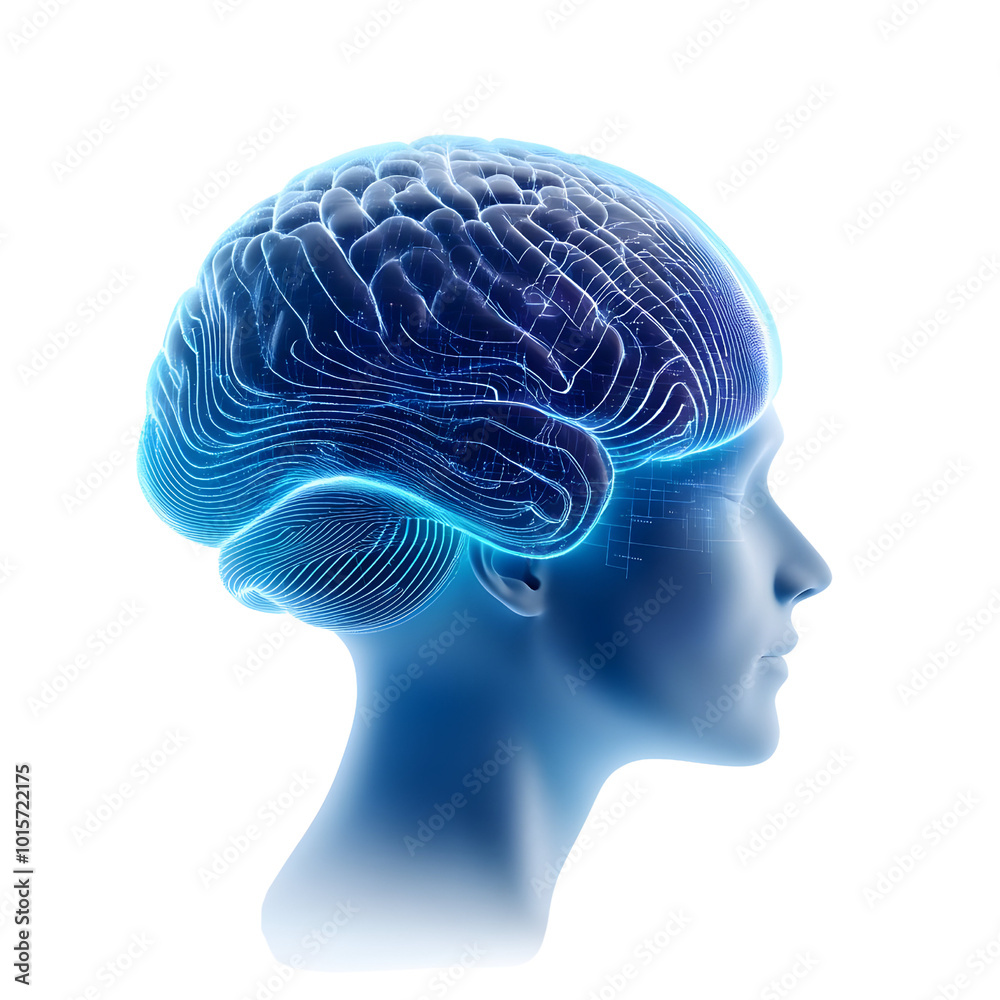 3D ing of a human brain with a glowing blue effect, isolated on a white background. 3D ing of a human brain with a glowing blue effect, isolated on a white background.