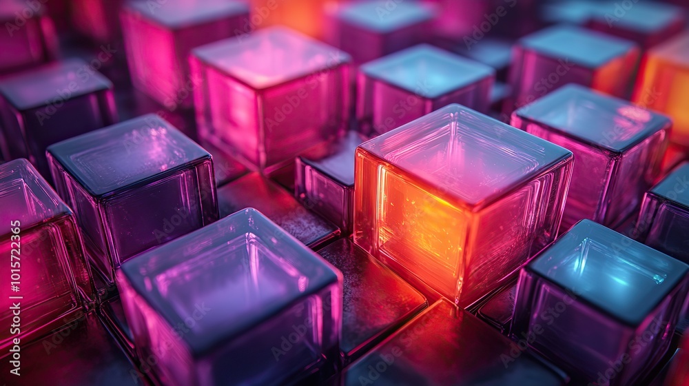 A modern tech background featuring glossy violet and orange cubes meticulously constructed for a futuristic design. A modern tech background featuring glossy violet and orange cubes meticulously constructed for a futuristic design.