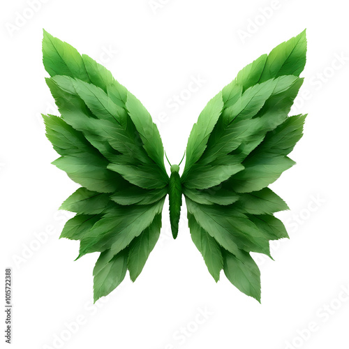 A beautiful butterfly crafted from vibrant green leaves on a white isolated background. photo