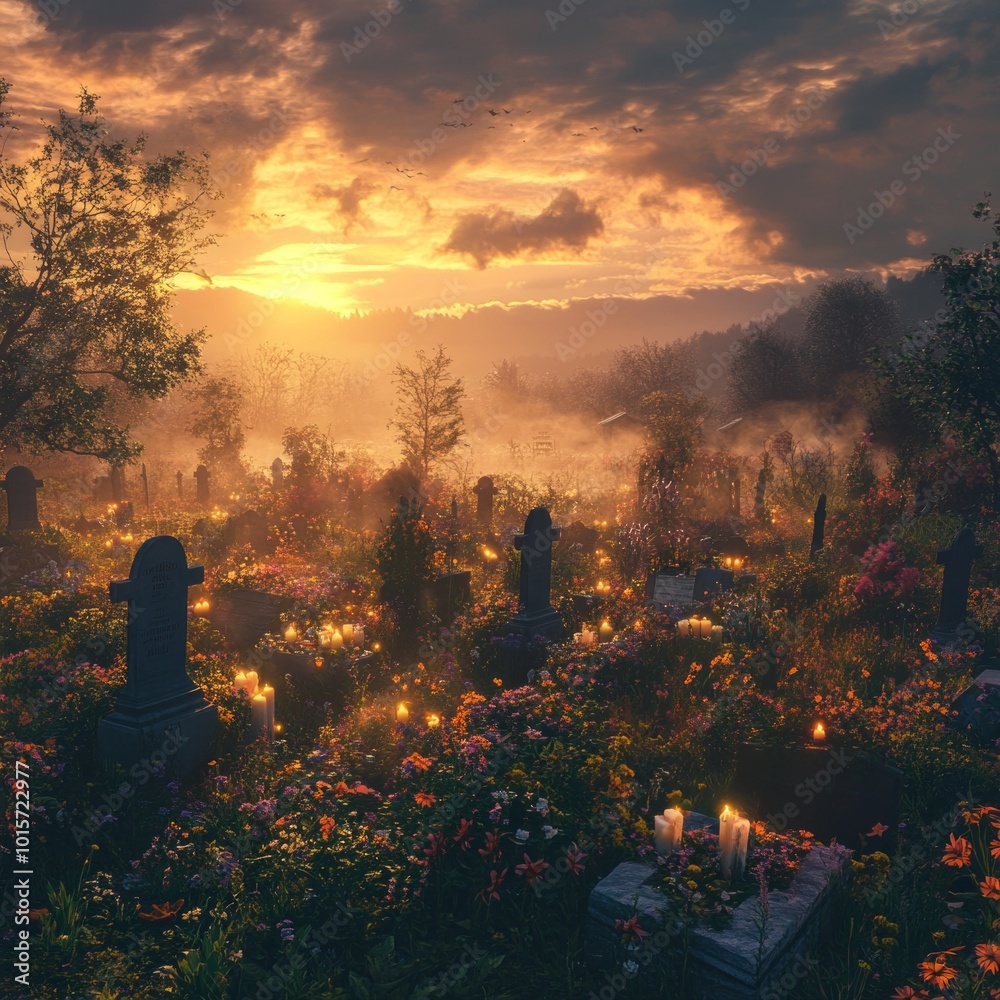 Sunset over a peaceful graveyard with flowers and candles placed on the graves, Sunset over a peaceful graveyard with flowers and candles placed on the graves,