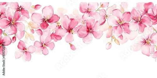 Watercolor pink flowers on a white background create a delicate floral pattern, showcasing the beauty of nature. This hand-painted artwork features romantic pink blossoms and a botanical design