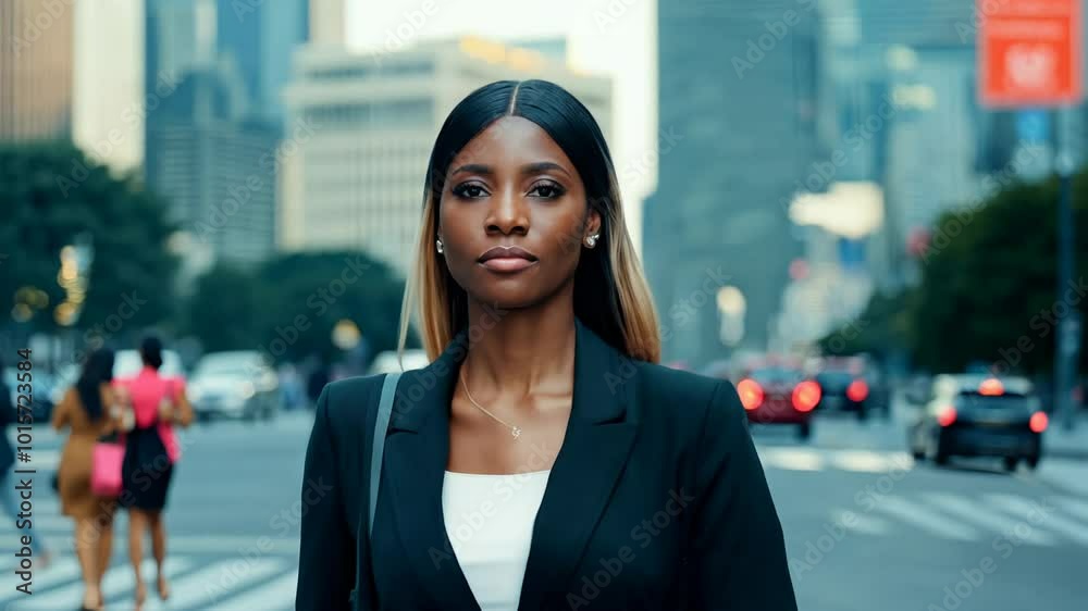 A stylish Black woman walks confidently down a busy city street in ambient light, the camera slowly zooming out with a dolly effect.