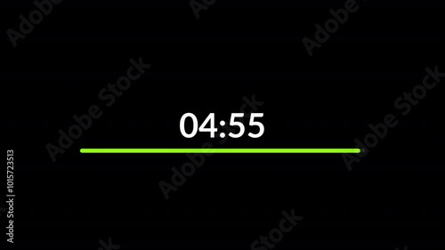 5 minute timer countdown animation on black background, remaining 5 minutes line animation, five minutes countdown.