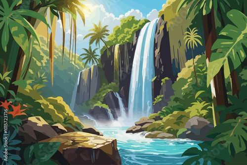 tropical forest waterfall illustration