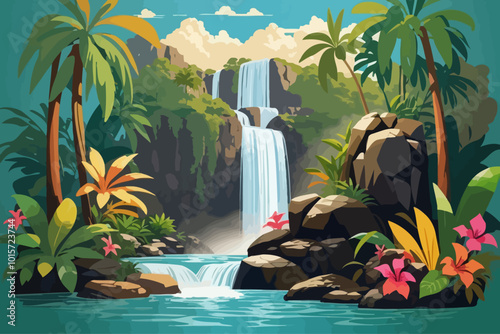 tropical forest waterfall illustration