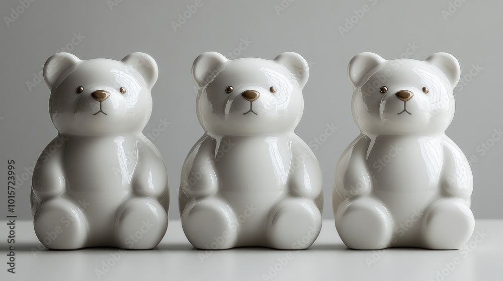 Three white ceramic bear figurines arranged in a row. Three white ceramic bear figurines arranged in a row.