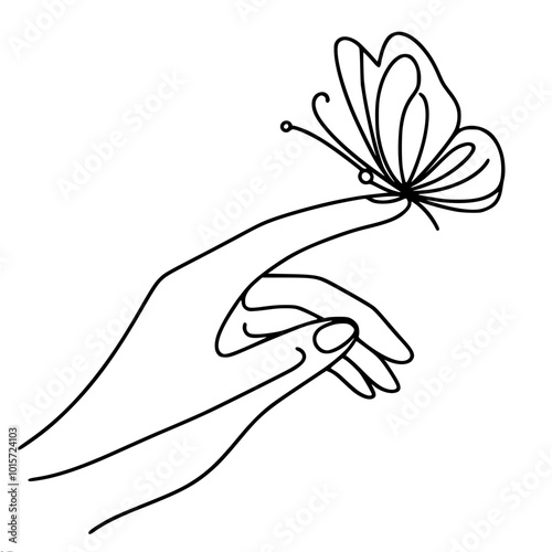 Linear vector contour drawing of a butterfly sitting on a woman's finger, in a minimalist style, white background